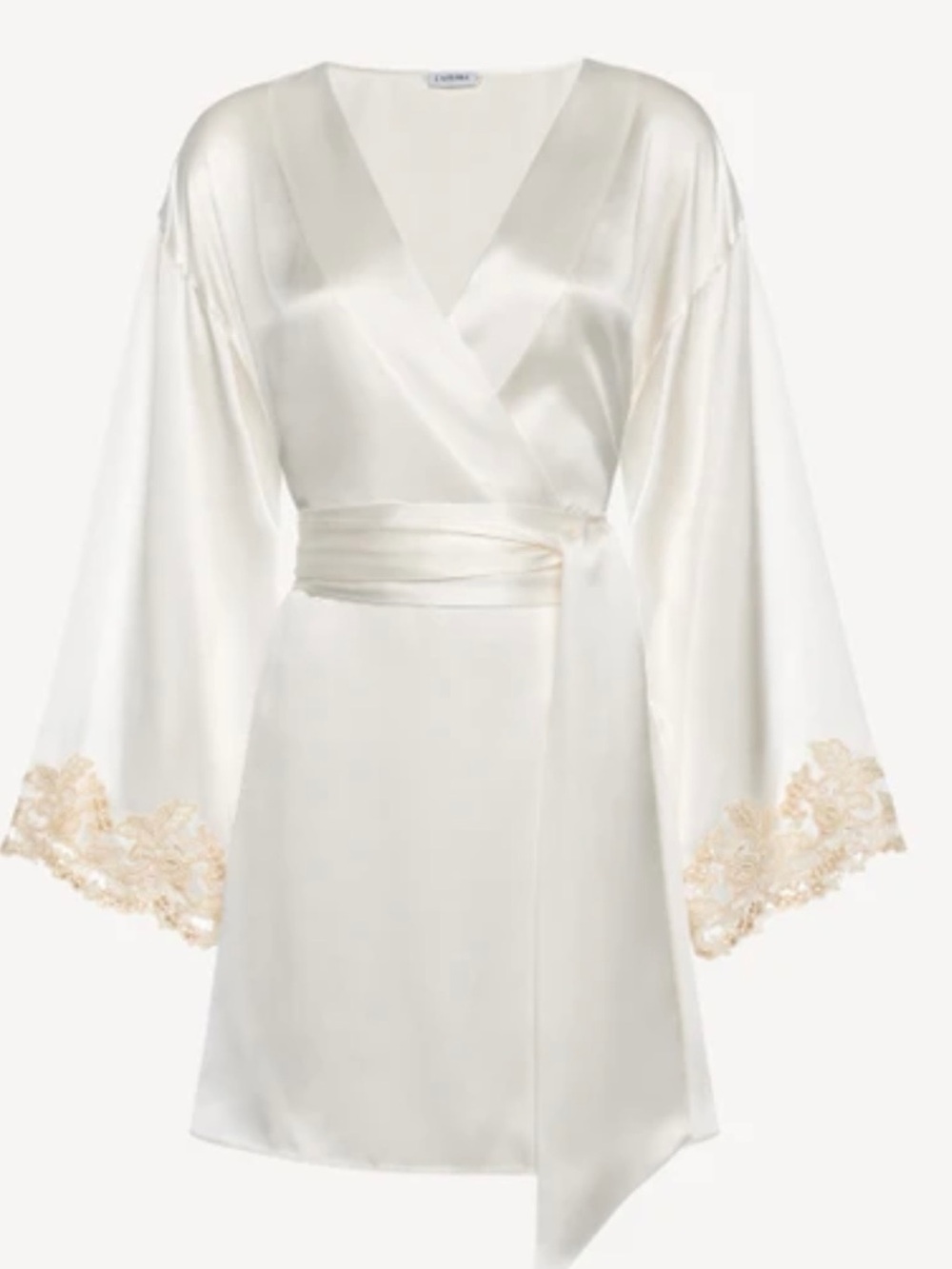 La Perla Ivory Satin Wrap Robe with Gold Lace Cuffs